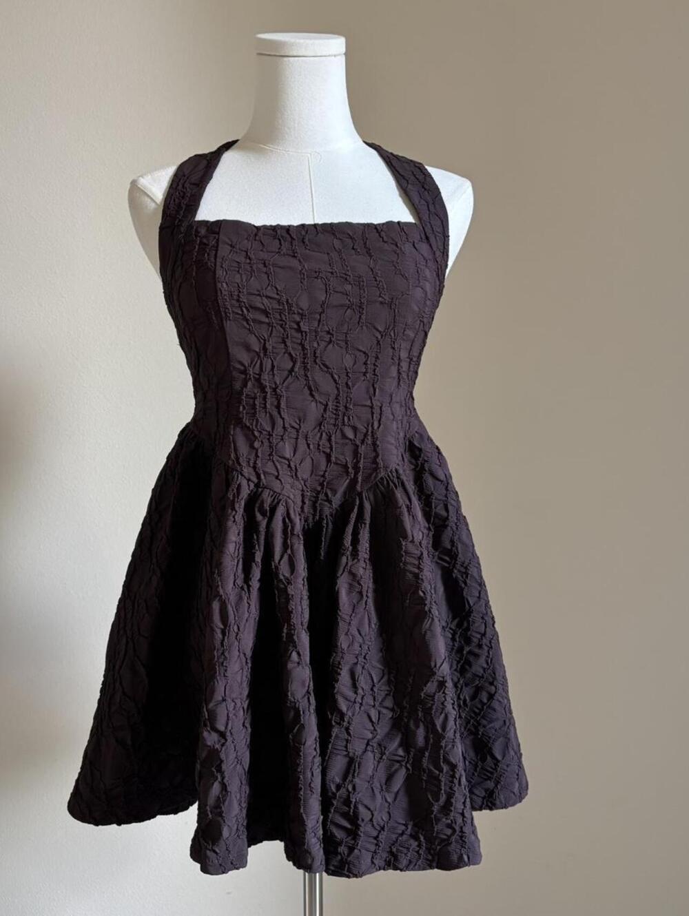 Zara Brown Textured Halter Mini Dress Open Back Small